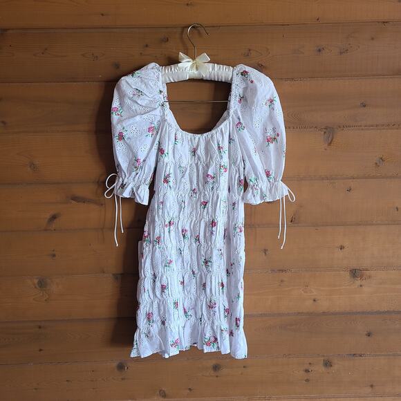 For Love & Lemons Tarte Eyelet Smocked Floral Mini Dress Small NWT Boho Cottage - Picture 3 of 7